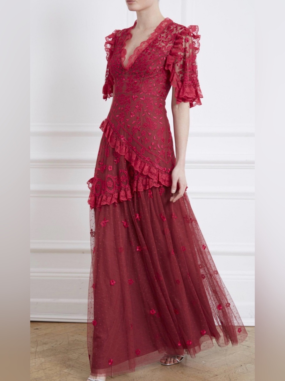 Needle & Thread Elsa V-Neck Gown Fuchsia Pink Lace Tulle Maxi US 12 UK 16